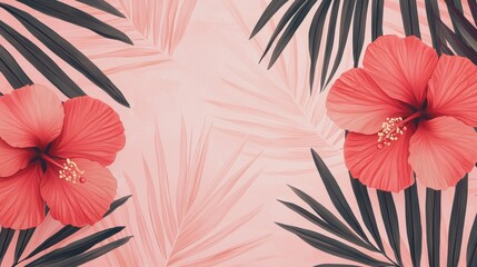 Background pattern cute flower concept. Minimalist Tropical Floral Pattern with Hibiscus and Palm Leaves