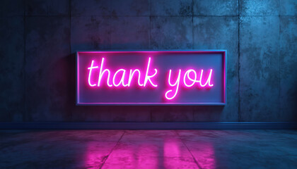 Neon pink Thank Sign glows on textured concrete wall, reflecting light on floor. Modern appreciation message with illumination, vibrant electric letters. Stylish decor conveys gratitude in urban