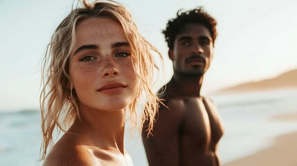 Fototapeta premium Two young adults enjoying summer on the beach, highlighting friendship and happiness. A vibrant sunset glow enhances their joyful expressions.