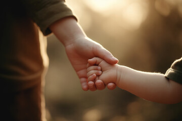 Primer plano emotivo de un padre y su hijo tomados de la mano, simbolizando protección, confianza y vínculo familiar. Iluminación cálida y fondo desenfocado para resaltar el gesto.