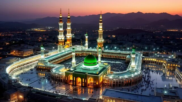 Majestic Al-Masjid an-Nabawi: A breathtaking drone view of Islam's sacred Prophet's Mosque in Medina, Saudi Arabia. Experience the spiritual grandeur and architectural marvel of this iconic site, a   