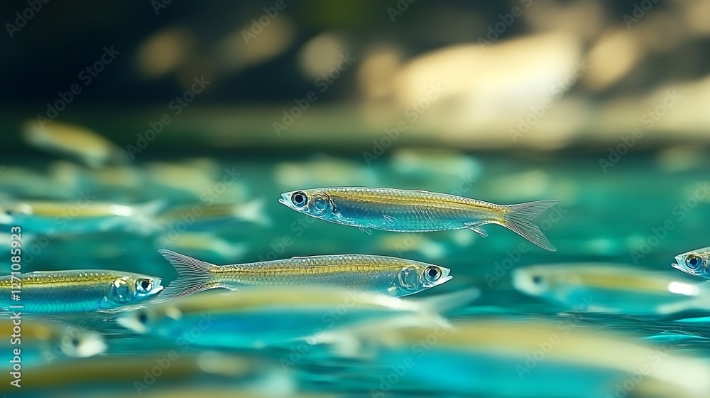 Poster captivating underwater scene showcasing a group of shimmering fish gliding over a clear blue ocean i
