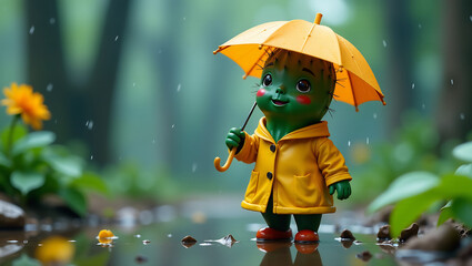 A cactus wearing a tiny raincoat and holding an umbrella, standing in the rain.