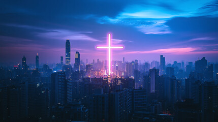 Fototapeta premium Neon cross shining brightly over a cityscape at dusk, symbolizing hope and faith amidst the urban sprawl under a vibrant purple and blue sky.