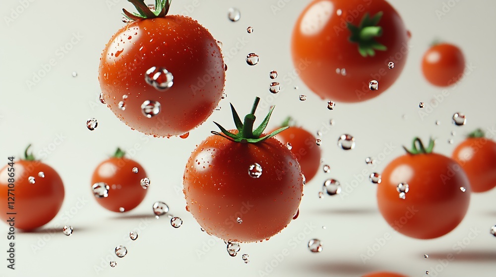 Poster Vibrant red tomatoes with water droplets splashing in a clean modern setting : Generative AI