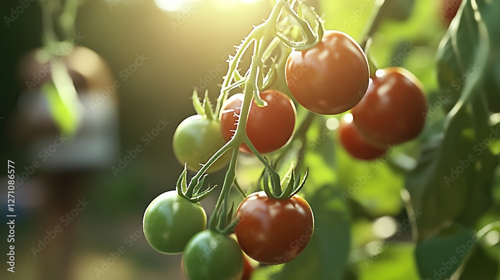 Aufkleber vibrant cherry tomatoes on vine with blurred background and warm sunlight : generative ai
