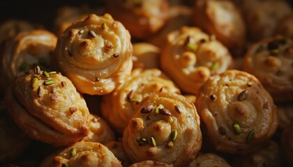 A close-up of golden, spiral-shaped Persian sweets garnished with pistachios and aromatic seeds, traditionally enjoyed during the Persian New Year celebrations.