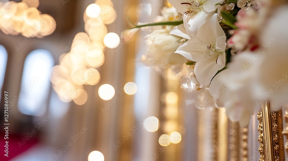 Poster elegant floral arrangement with white flowers and soft golden bokeh in the background : generative a