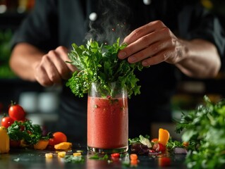 Chef preparing vegetable smoothie with fresh garnishes