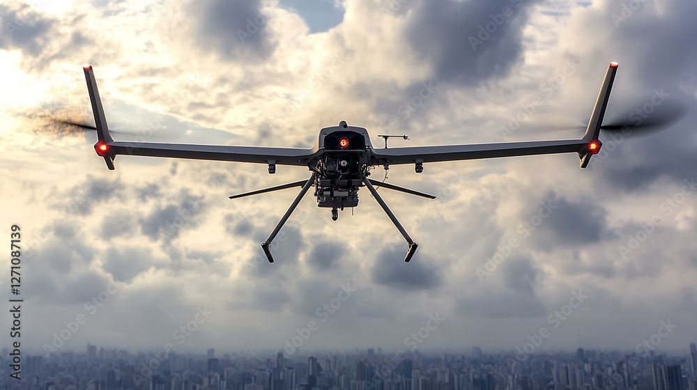Poster sophisticated drone captured from behind against dramatic clouds and city skyline, showcasing aerial