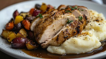 Succulent roasted chicken breast with golden mashed potatoes and colorful roasted vegetables, drizzled with savory gravy, perfect for a hearty meal.