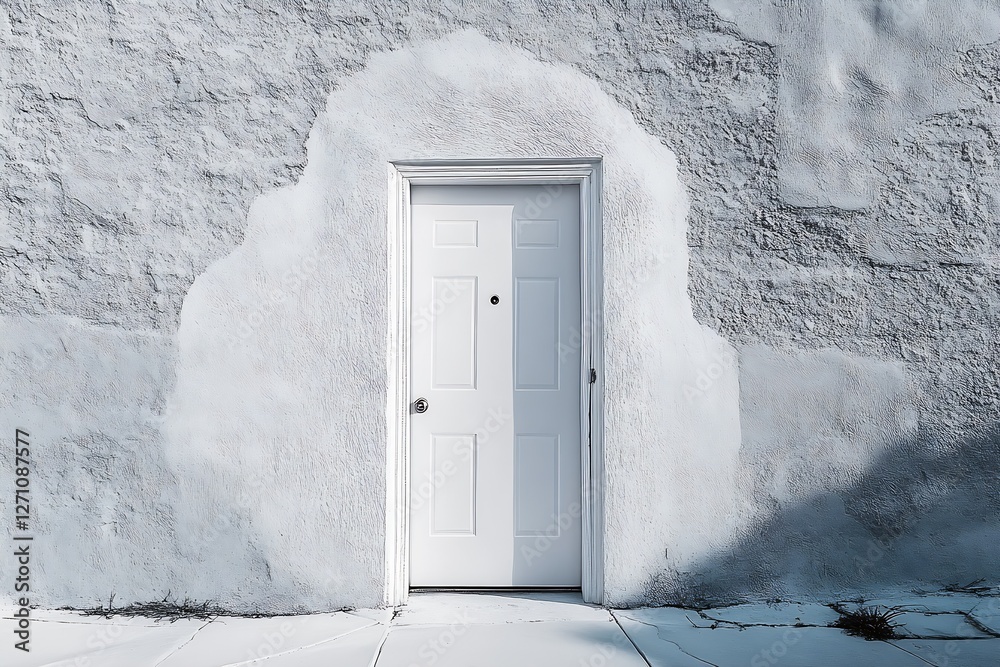 Aufkleber minimalist white door integrated into a textured wall casting soft shadows in natural light : genera