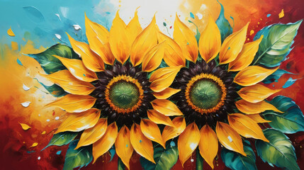 Vibrant painting of sunflowers on a colorful background, showcasing nature's beauty