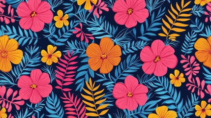 Background pattern cute flower concept. Vibrant Tropical Floral Pattern with Hibiscus and Exotic Foliage