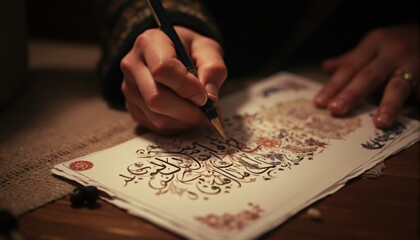 A detailed Persian calligraphy piece with golden accents on ornate paper, representing Persian literary heritage, beauty, and the artistic side of Nowruz.