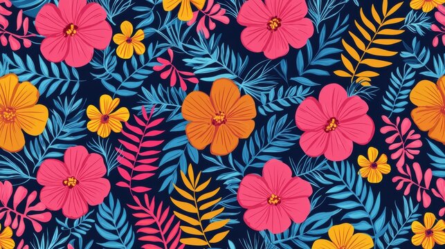 Background pattern cute flower concept. Vibrant Tropical Floral Pattern with Hibiscus and Exotic Foliage