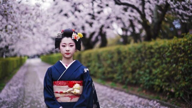 A Maiko is walking along a row of cherry blossom trees.