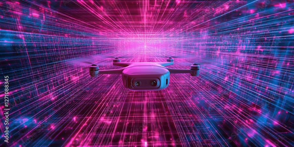 Poster futuristic drone flying through a vibrant digital tunnel with colorful light streaks in motion : gen