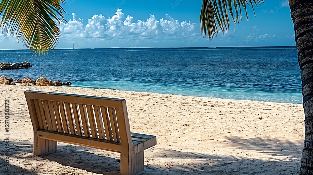Poster stunning coastal view featuring a wooden bench and waves gently lapping at the shore : generative ai