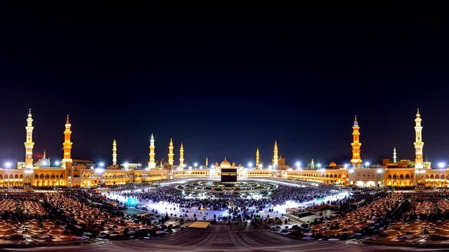 Majestic Night Panorama of Al-Masjid an-Nabawi: A breathtaking spiral view of the Prophet's Mosque in Medina, Saudi Arabia, illuminated under the starlit night sky. Experience the serene beauty and   