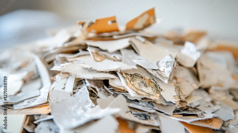Poster Chaotic Pile of Torn Paper Scraps and Old Cards on a Table Creating a Textured Background : Generative AI
