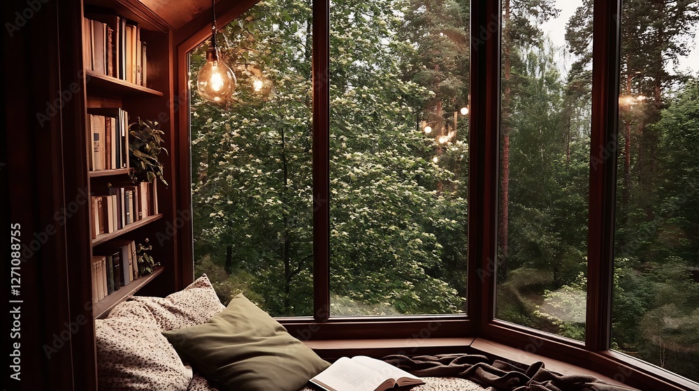 Poster Calm reading space featuring large windows with greenery outside and a book on the couch : Generative AI