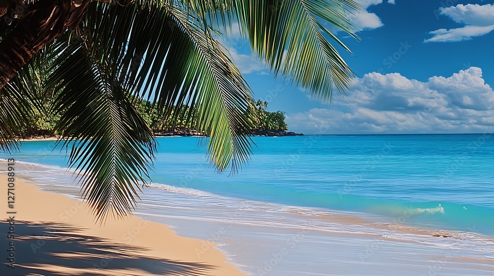 Aufkleber beautiful beach view through palm leaves overlooking the turquoise waters and clouds : generative ai