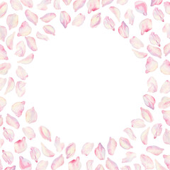 Frame with sakura flowers on background. Spring blooming cherry blossom flowers for Hanami festival. Delicate shades of pink, lilac, lilac, purple petals. Watercolor template for card, poster, web