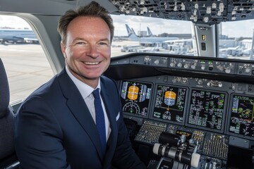 Professional Pilot Smiling Inside Modern Aircraft Cockpit