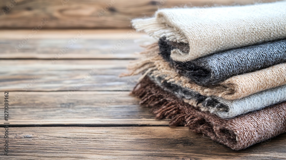 Poster colorful and cozy stack of warm woolen blankets on a rustic wooden table : generative ai