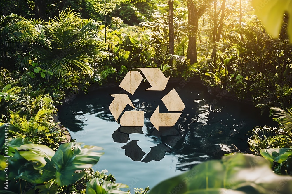 Poster reflective water surface with a soft sunlight backdrop highlighting a wooden recycling symbol in a t