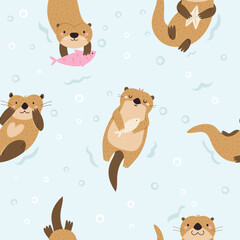 Seamless patterns with cute floating otters. Colorful design for gift boxes, wrapping paper, fabric