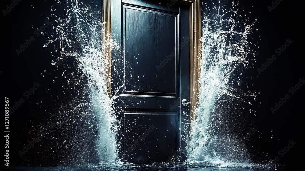 Poster An Artistic Representation of a Door Surrounded by Splashes of Water Capturing a Dreamlike Atmosphere : Generative AI