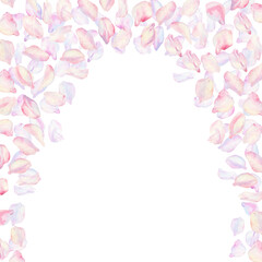 Frame with sakura flowers on background. Spring blooming cherry blossom flowers for Hanami festival. Delicate shades of pink, lilac, lilac, purple petals. Watercolor template for card, poster, web