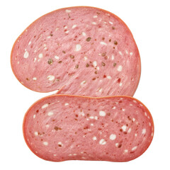 Number 2 crafted from mortadella slices, a pink Italian cured meat with white fat cubes and greenish pistachios. The oval slices have a glossy sheen, highlighting their freshness