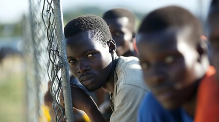 Obraz premium Focused boy gazing through a fence expressing deep thought and reflection in a rural environment : Generative AI