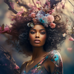 Obraz premium Young African American woman with flowers in her lush hair against blue sky with clouds. Spring girl stands in proud pose. Magical fantasy style. Close-up. Copy space for text.