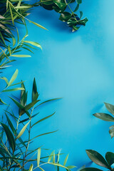 Lush green leaves arranged artistically on a vibrant blue background, ideal for nature-themed designs