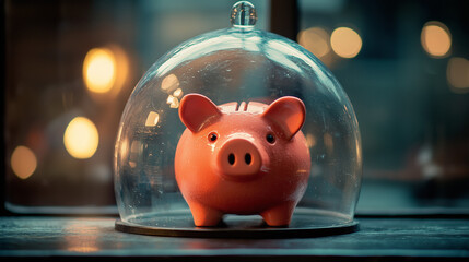 Classic piggy bank under a transparent glass dome, symbolizing financial protection, secure savings, and wealth preservation.