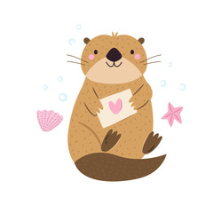 Vector illustration of cute otter character holding romantic letter. Funny marine creature. Cartoon composition with adorable animal
