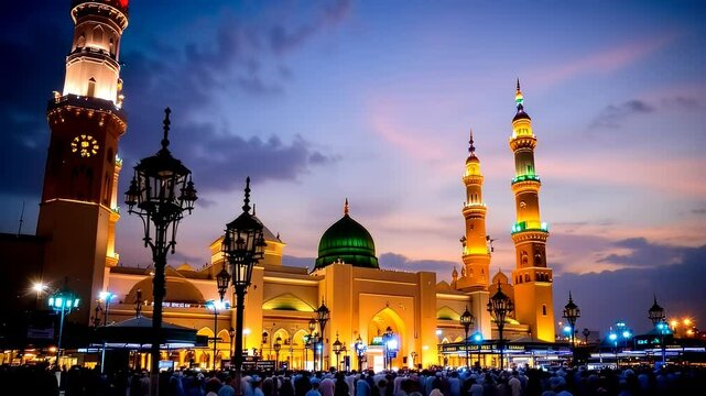 Almasjid Nabawi: Prophet's Mosque at Dusk - Serene Golden Hour Illumination of Islamic Architecture, Majestic Dome, Tranquil Evening Prayer Atmosphere, Spiritual Mecca, Breathtaking Night Views, Holy 