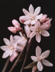 Obraz premium Floral arrangement with pink cherry blossoms and green stems, set against dark background.