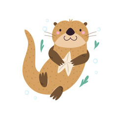 Vector illustration of cute otter character holding sea star. Funny marine creature. Cartoon composition with adorable animal