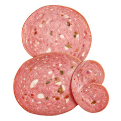 Ampersand crafted from mortadella slices, a pink Italian cured meat with white fat cubes and greenish pistachios. The oval slices have a glossy sheen, highlighting their freshness