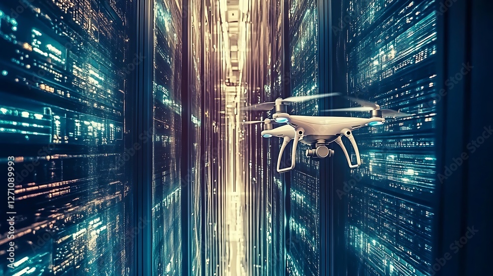 Poster Advanced drone navigating through a vibrant digital server room with illuminated networks and data streams : Generative AI