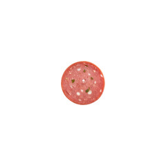 Obraz premium Dot crafted from mortadella slices, a pink Italian cured meat with white fat cubes and greenish pistachios. The oval slices have a glossy sheen, highlighting their freshness