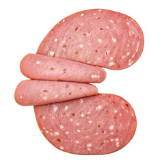 Euro sign crafted from mortadella slices, a pink Italian cured meat with white fat cubes and greenish pistachios. The oval slices have a glossy sheen, highlighting their freshness