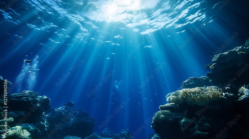 Poster sunlight illuminating the underwater coral reef scene with rays breaking through the water : generat