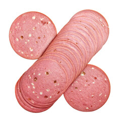 Percent sign crafted from mortadella slices, a pink Italian cured meat with white fat cubes and greenish pistachios. The oval slices have a glossy sheen, highlighting their freshness