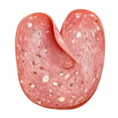 Letter U crafted from mortadella slices, a pink Italian cured meat with white fat cubes and greenish pistachios. The oval slices have a glossy sheen, highlighting their freshness